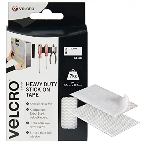 VELCRO Brand Heavy Duty White Stick Strips 50mm x 100mm, Hook Loop Tape Self Adhesive Strips, Industrial Extra Strong Double Sided Sticky Pads Heavy Duty Perfect for Home, Office & Garage,Pack of 2