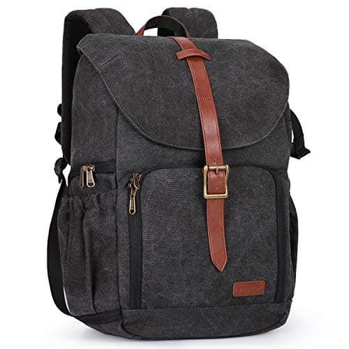 bagsmart Camera Backpack DSLR, Anti-thief Canvas Camera Bag Water Resistant Fit up to 15" Laptop with Rain Cover, Tripod Holder, Black